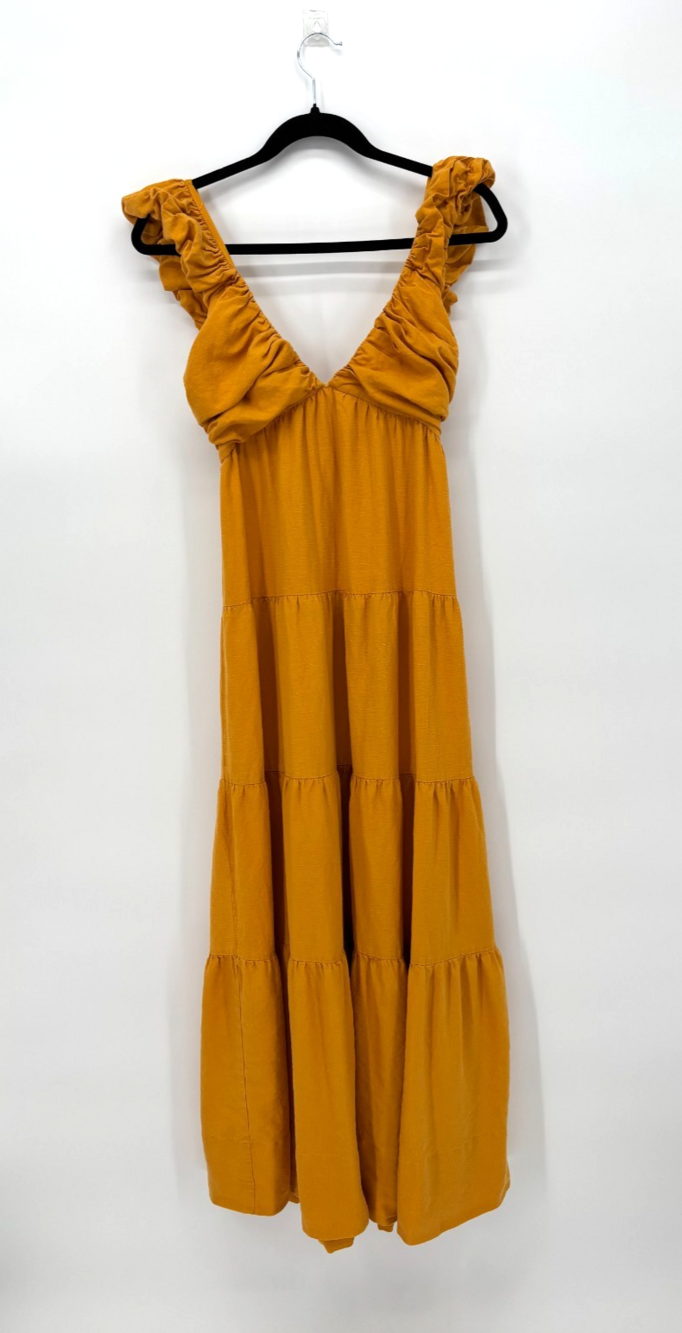 Jason Wu Tiered V Neck Linen Blend Maxi Ruffle Dress Dijon‎ Gold